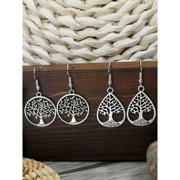 Antique Silver Vintage Style Round Drop Shape Hollow Tree Of Life Dangle Earring - Picture 1 of 8